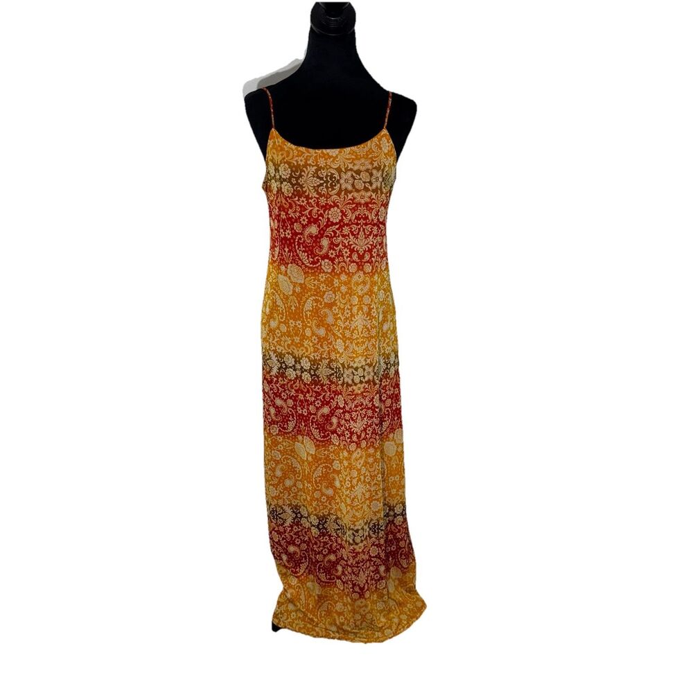 *Jalate Spaghetti Strap Maxi Dress Large Floral Paisley Sunset Ombre Mesh Y2K VT
